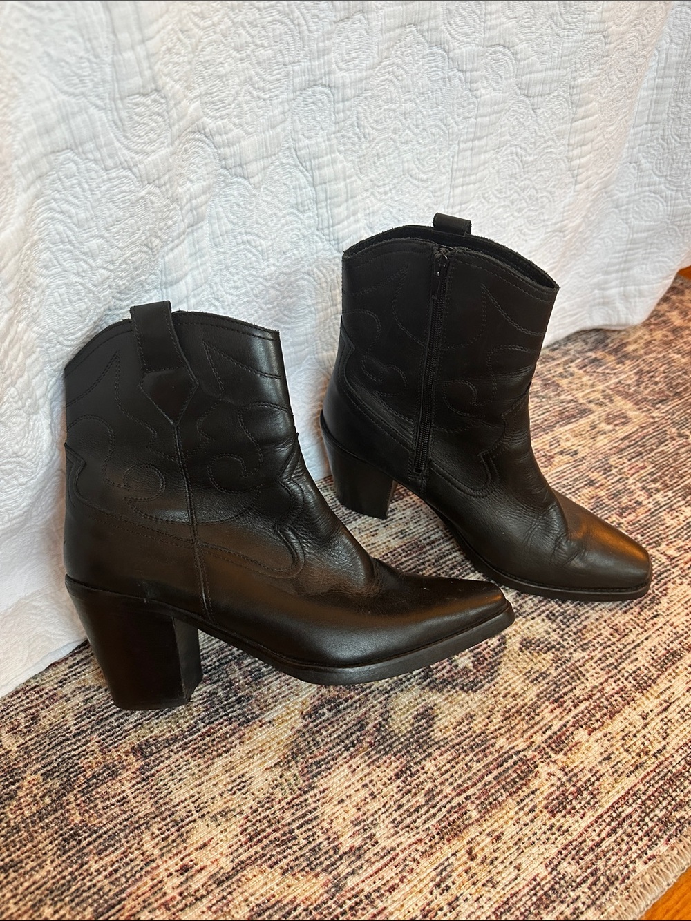 Women's Black Western-Style Ankle Boots with Block Heel